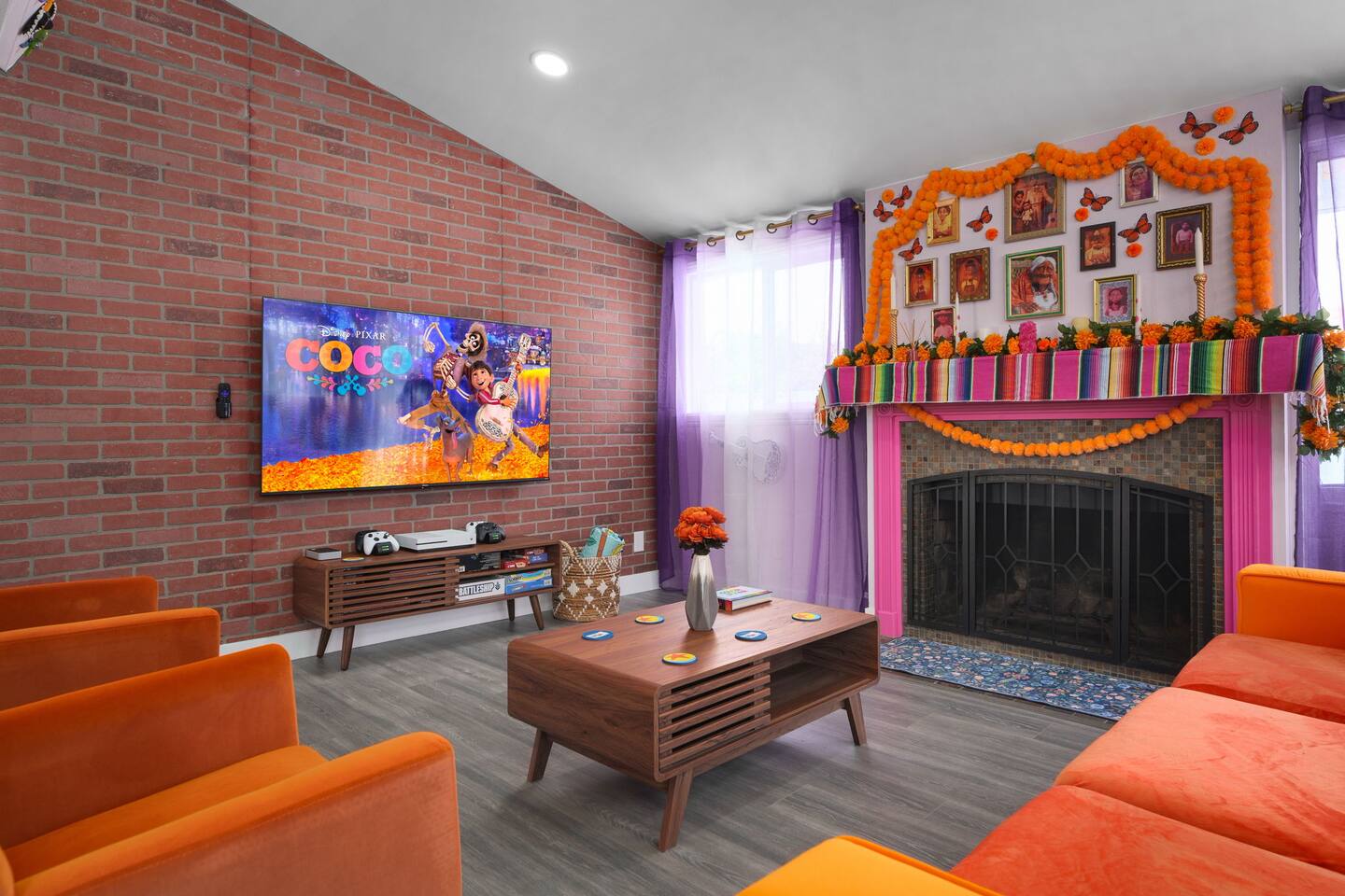 The colorful Coco-inspired living room at Pixar Pier, an OC Adventure Home